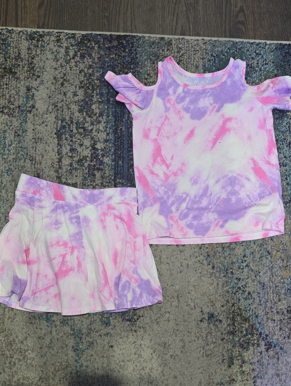 Place Tie-Dye Ruffle Cold-Shoulder Top & Skirt Set - Pink & Lavender